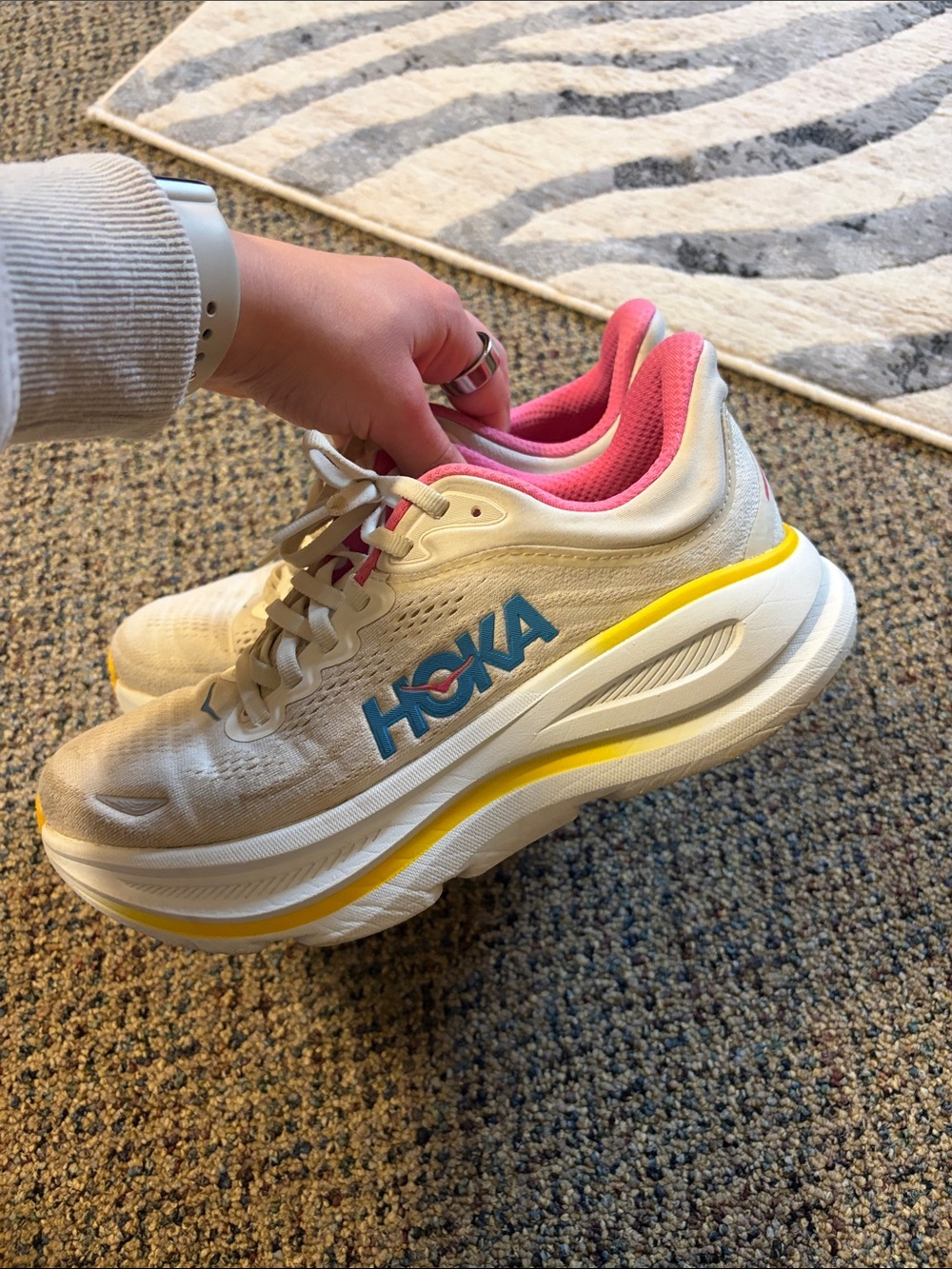 Hoka Women's Cream Running Shoes with Pink Lining and Yellow Midsole Trim